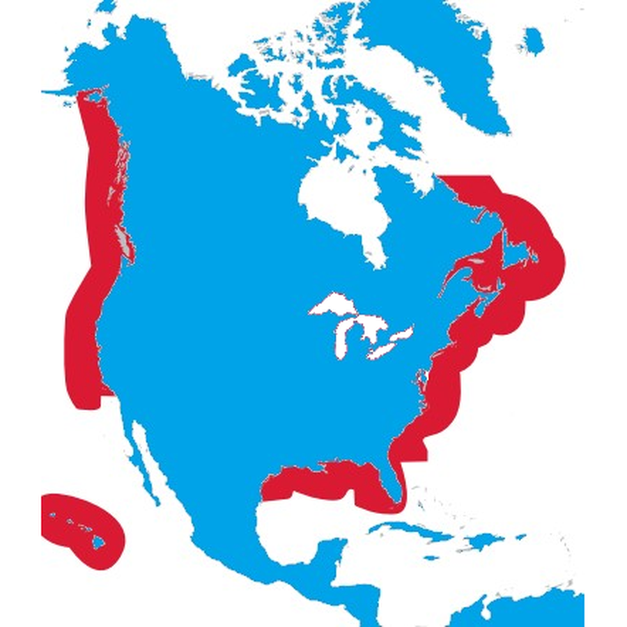 Map of the North American Emission Control Area along the Pacific, Atlantic and Gulf coasts and Hawaii