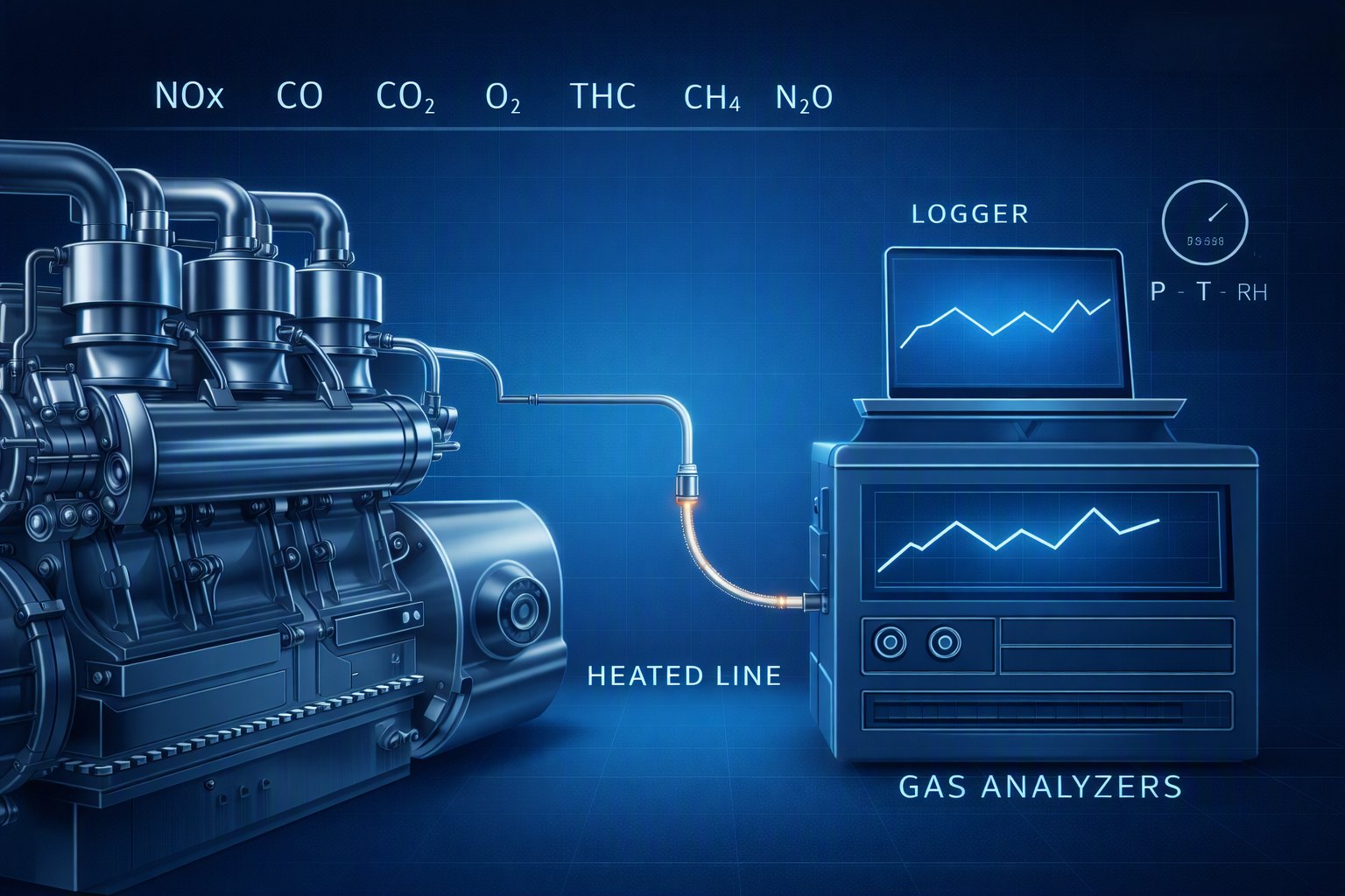 Illustration of an exhaust gas measurement setup: engine, heated line, gas analyzers and logger