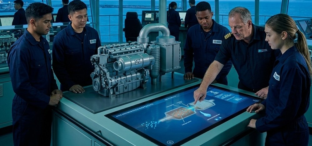 Training new colleagues around an engine and a touch table in a ship bridge