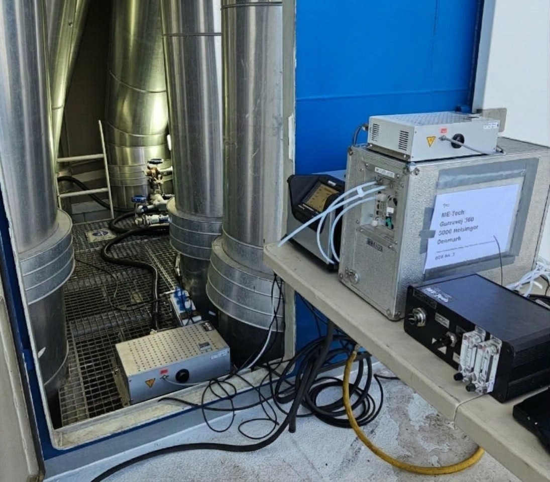 ME-Tech measuring equipment set up beside the funnel, with sampling lines into the funnel