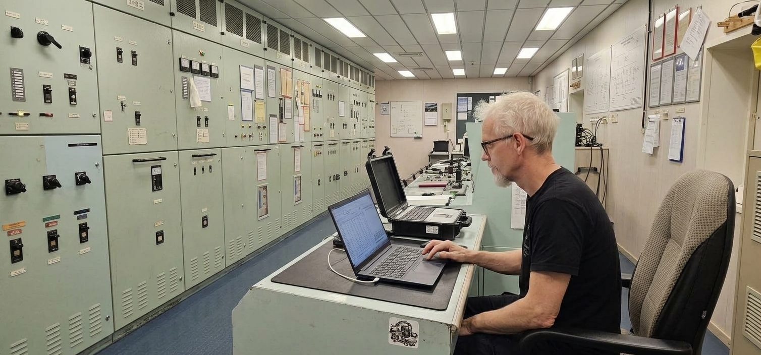 ME-Tech technician reading measurement data in the engine control room